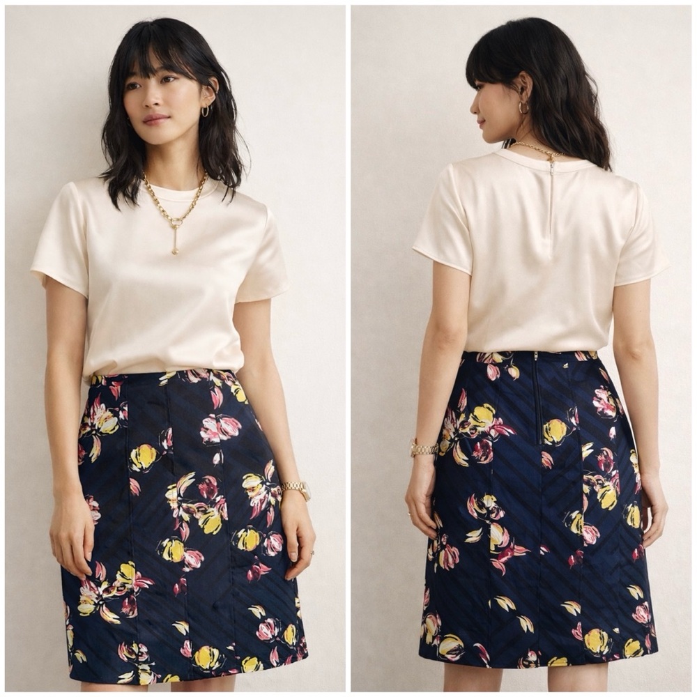 Banana Republic Navy Floral Pleat A-Line Skirt